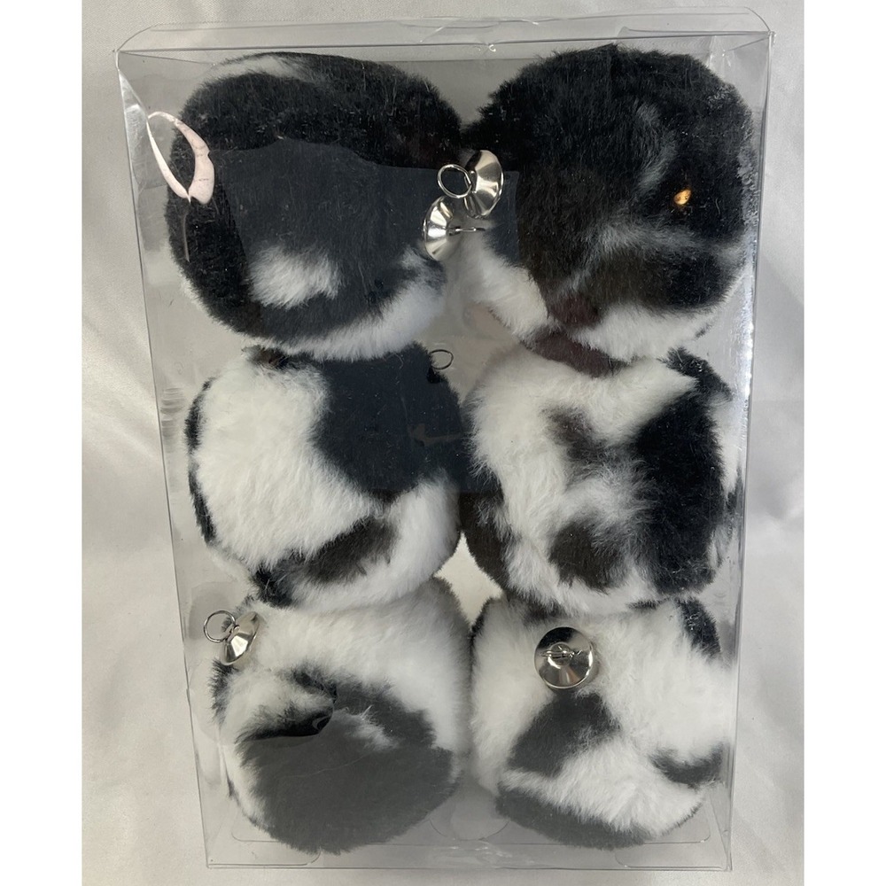 Cow Print Black And White Set Of 6 Fur Christmas Ball Ornaments